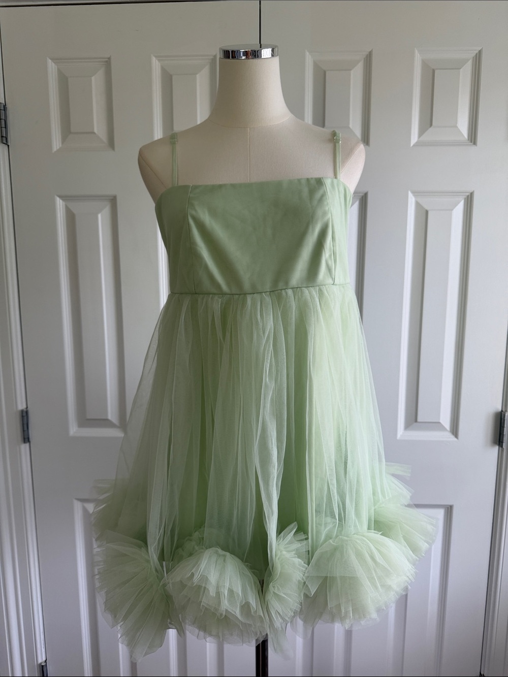 Lace & Beads Bubble Hem Babydoll Micro Sage Green Tulle Mesh Mini Dress Size 14